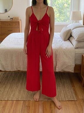 H&M Divided Red Tie Front Wide Leg Jumpsuit Adjustable Straps